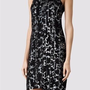 AllSaints Black and Silver Sequin Strapless Dress